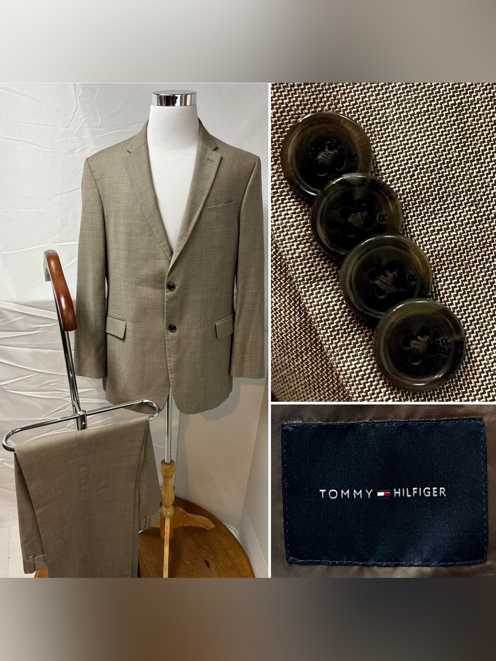 Tommy Hilfiger Men's 44R Blazer 36x31 Pants Tan Khaki Beige Suit